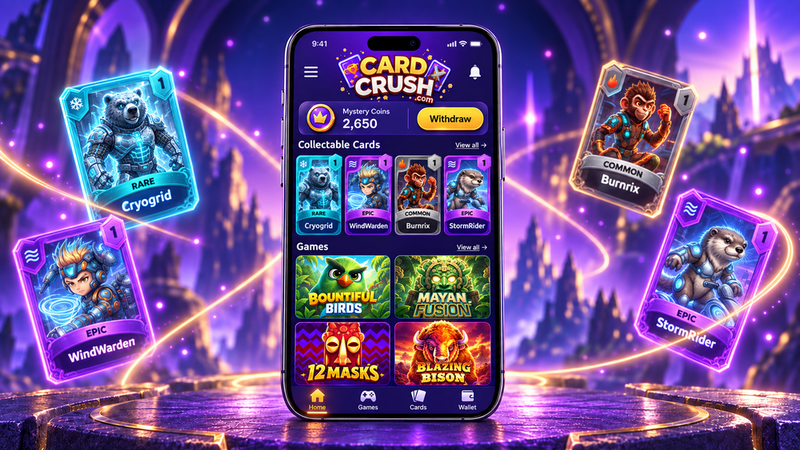 CardCrush app showing collectible cards, casino-style games and a Mystery Coins balance