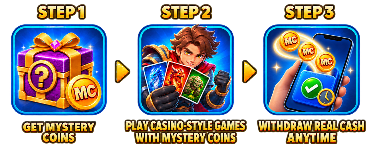 How it works — get Mystery Coins, play casino-style games with your Mystery Coins, then withdraw real cash anytime